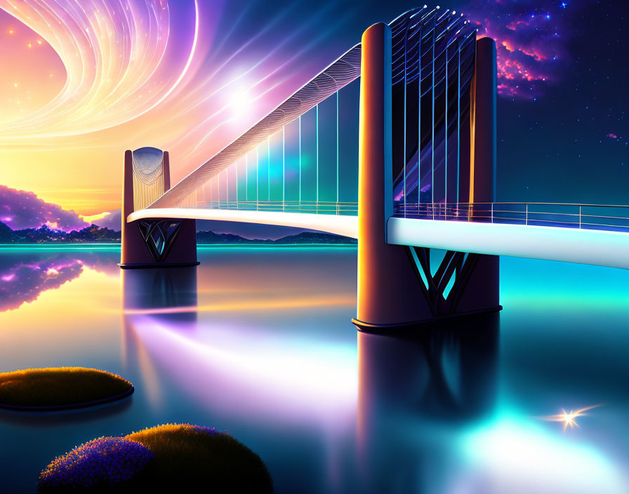 Futuristic bridge over tranquil water under vibrant starry sky