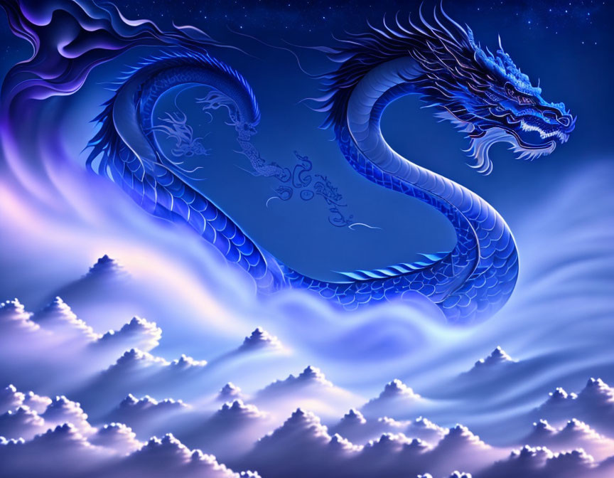 Blue dragon flying gracefully under starlit sky among wispy clouds