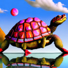 Cartoon turtle with red shell gazes at floating pink ball by water