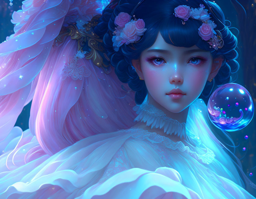 Fantastical illustration of girl with blue hair and glowing orb surrounded by luminescent butterflies.