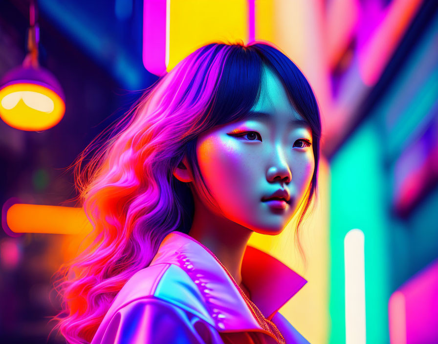 Woman with Wavy Hair in Neon-lit Cyberpunk Scene