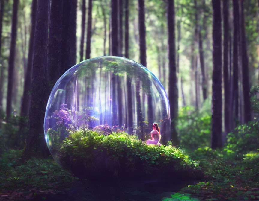 Tranquil forest scene with bubble enclosing person and greenery