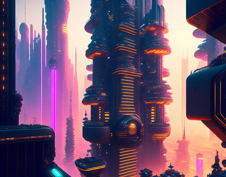 Futuristic cityscape with glowing skyscrapers and flying vehicles at dusk