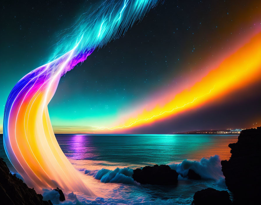 Digital art: Aurora over ocean with neon spectrum colors and starry night sky.