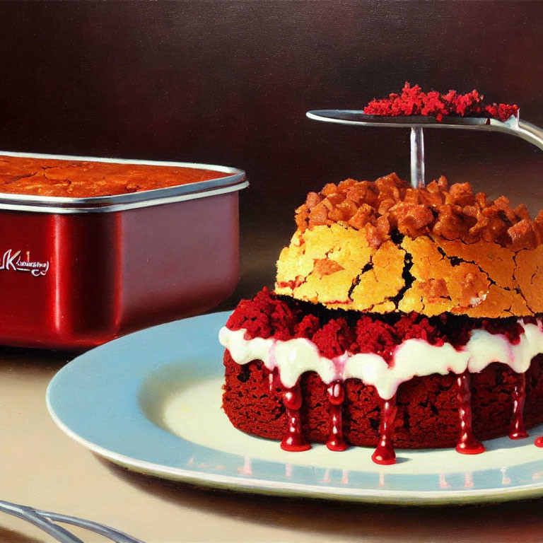 Hyperrealistic Painting of Red Velvet and Cornbread Cake with White Icing