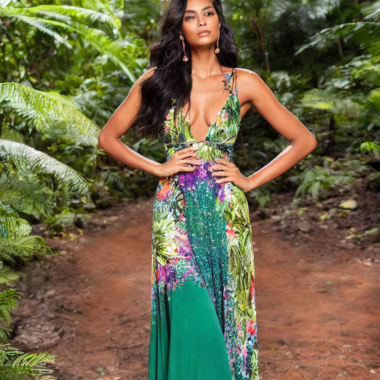 Woman in Colorful Floral Dress Standing on Forest Path