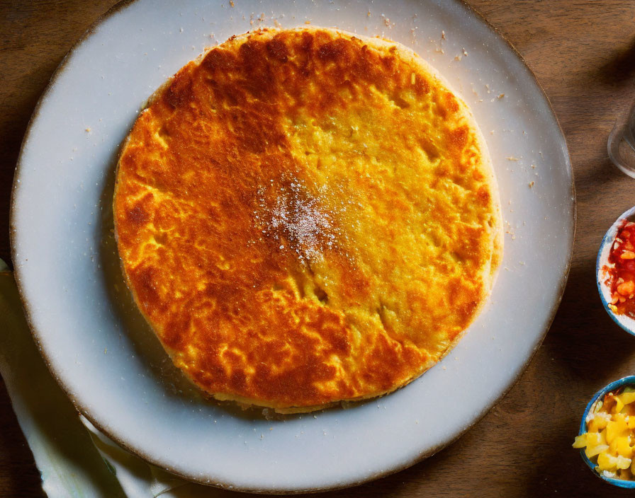 Golden-brown freshly baked pie on blue plate with ingredients on wooden table