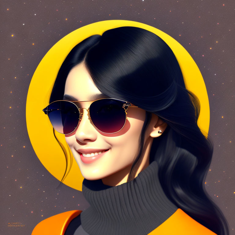 Smiling woman in sunglasses with turtleneck and yellow halo background.