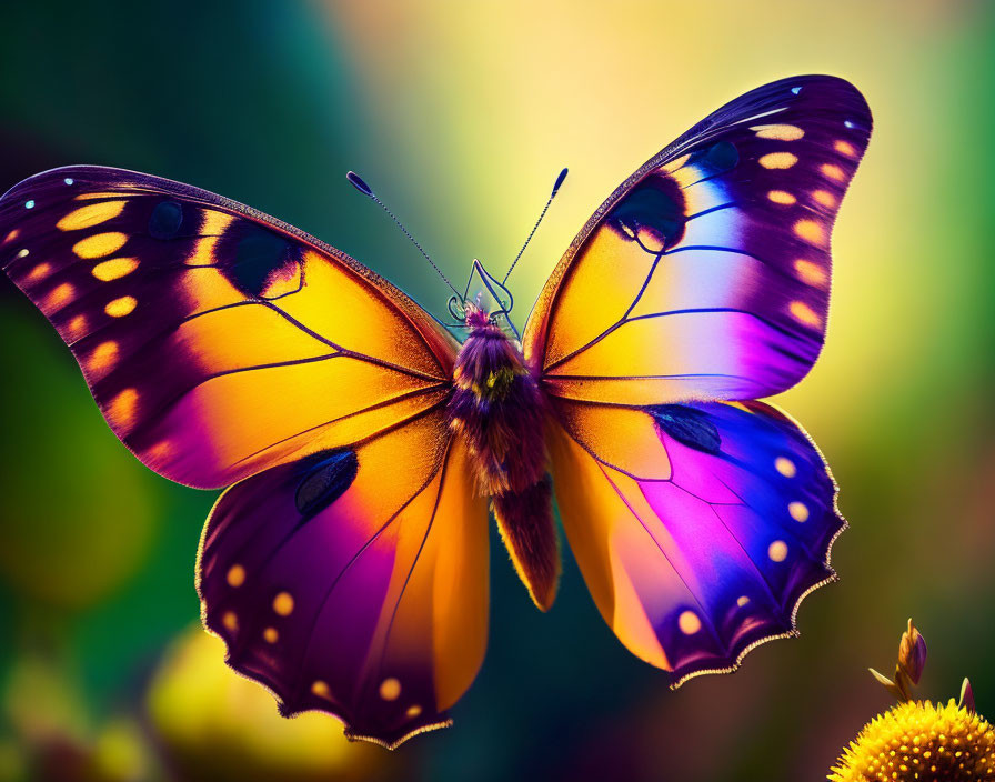 Colorful Butterfly with Purple and Yellow Wings on Flower Bud