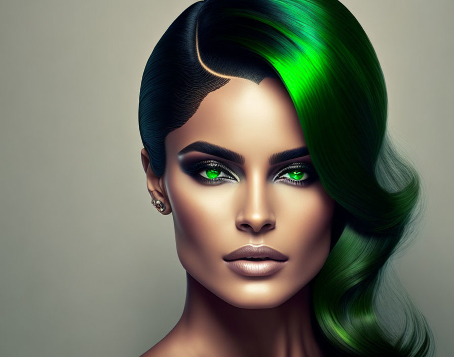 Woman with Striking Green Eyes and Green-Tinted Hair in Elegant Style