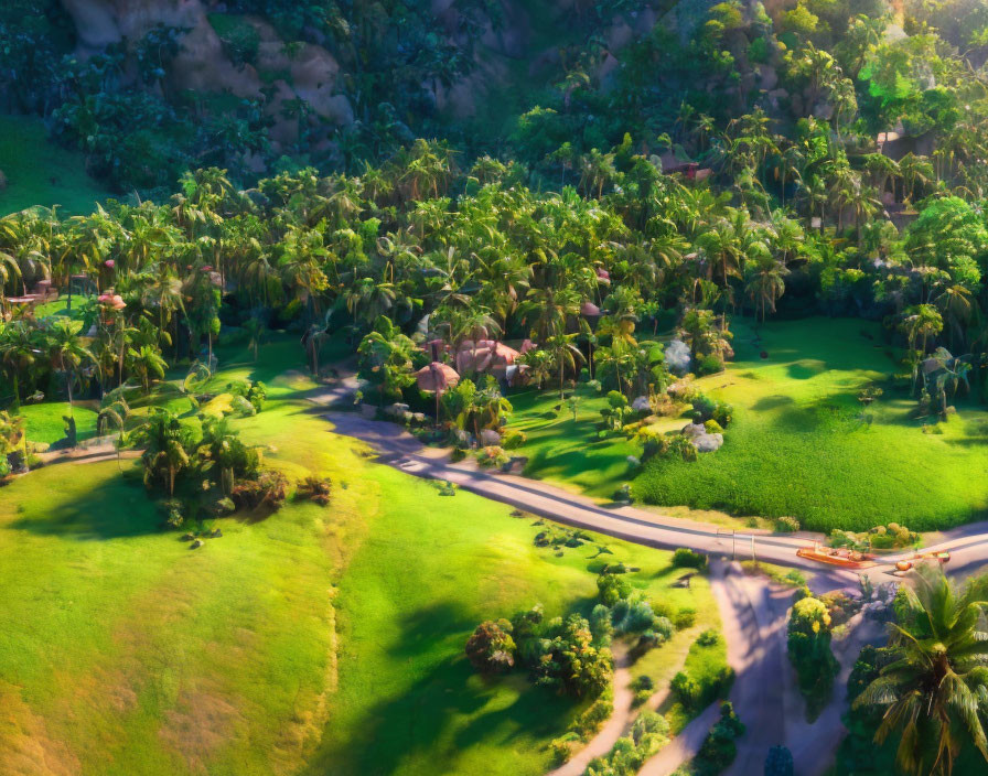 Tropical landscape with palm trees, vibrant plants, winding road, soft sunlight