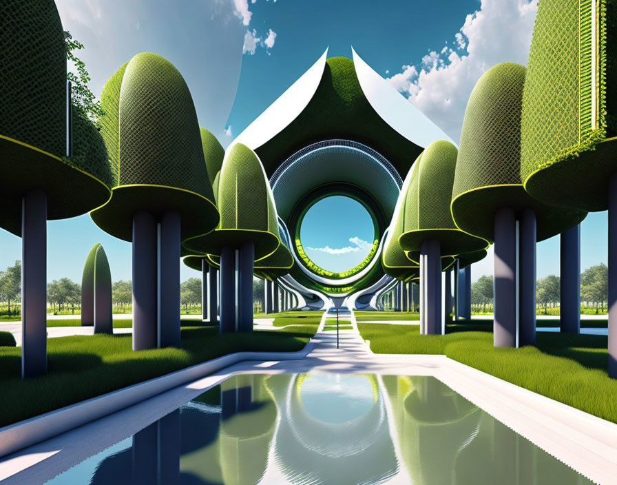 Tree-shaped buildings and eye-like portal in futuristic architecture