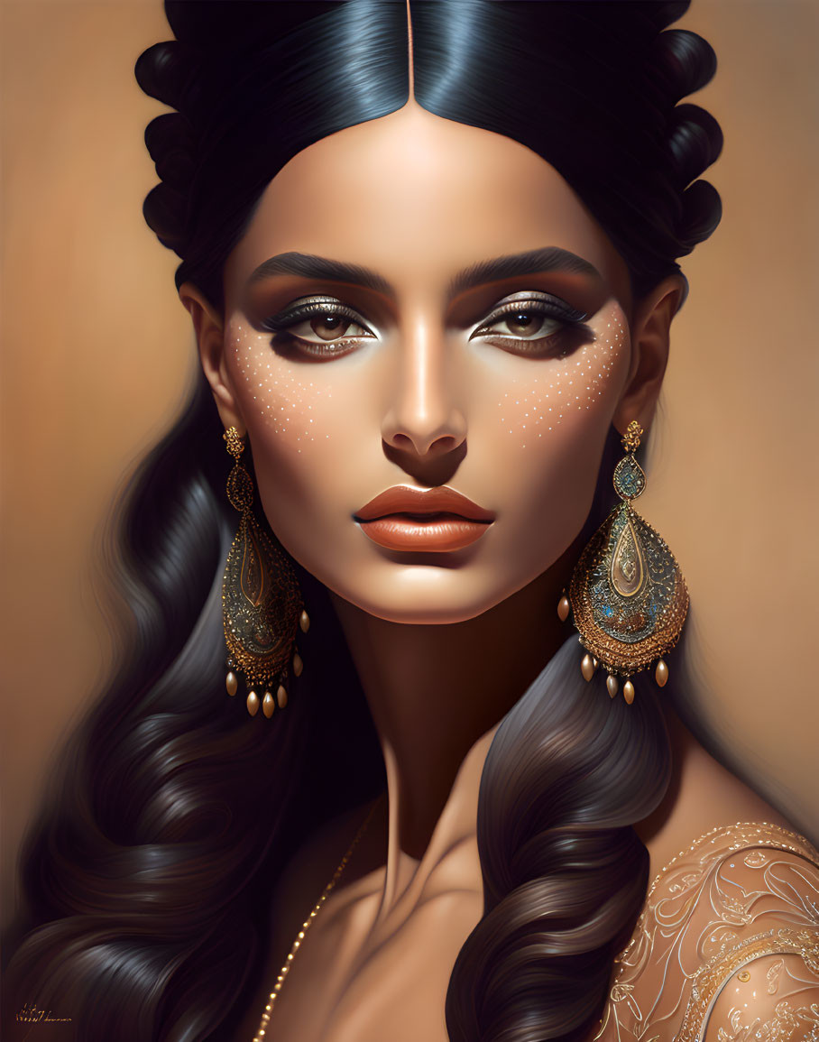 Illustrated portrait of woman with wavy hair, makeup, and decorative earrings on warm background