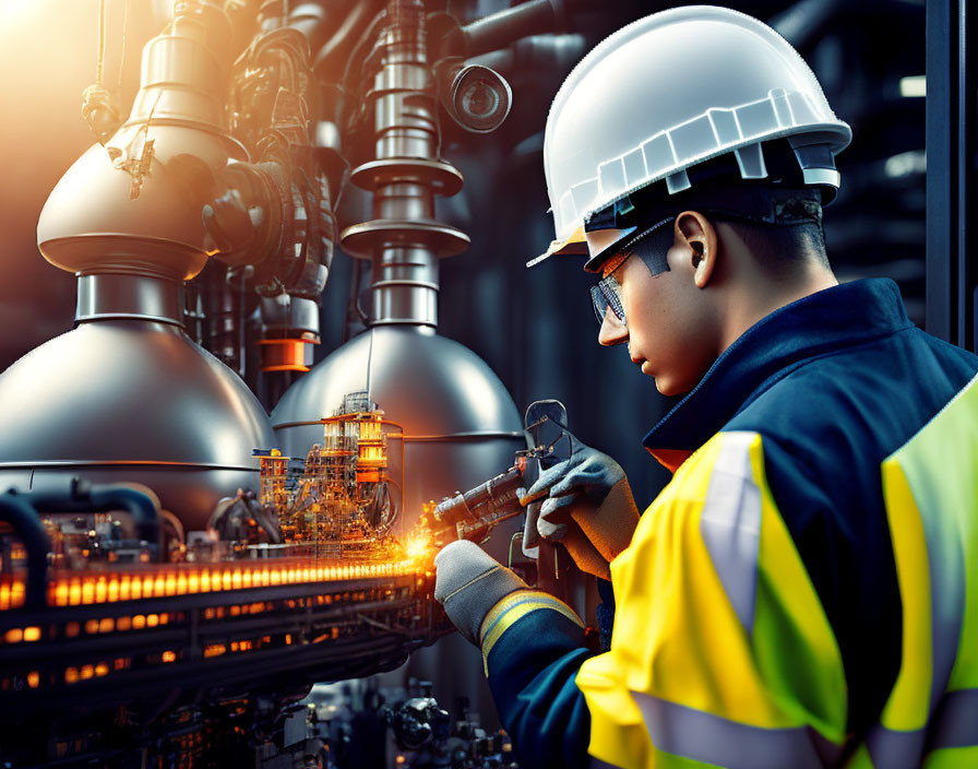 Industrial plant worker inspects machinery in safety gear