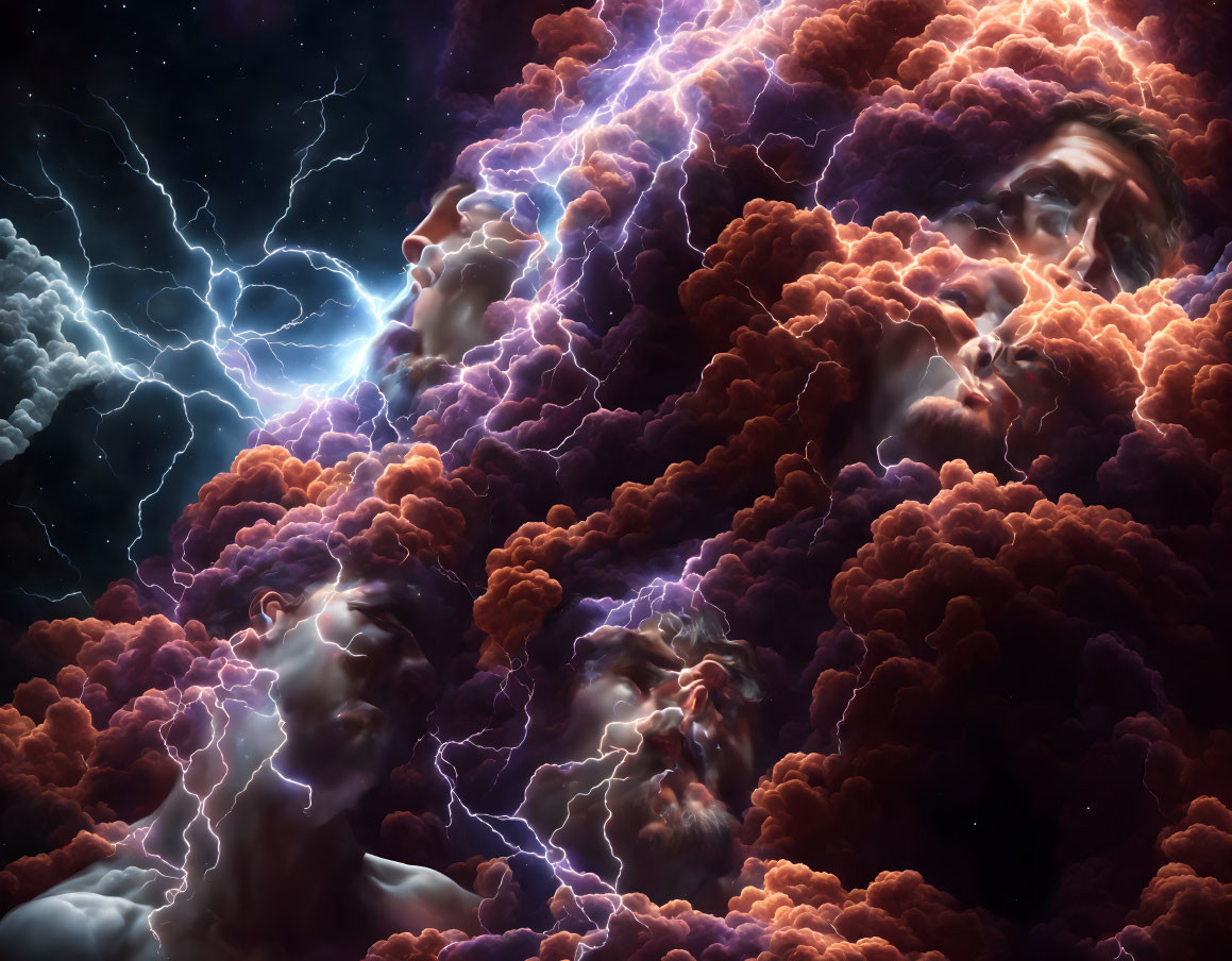 Cosmic clouds and electric lightning merge with ethereal faces