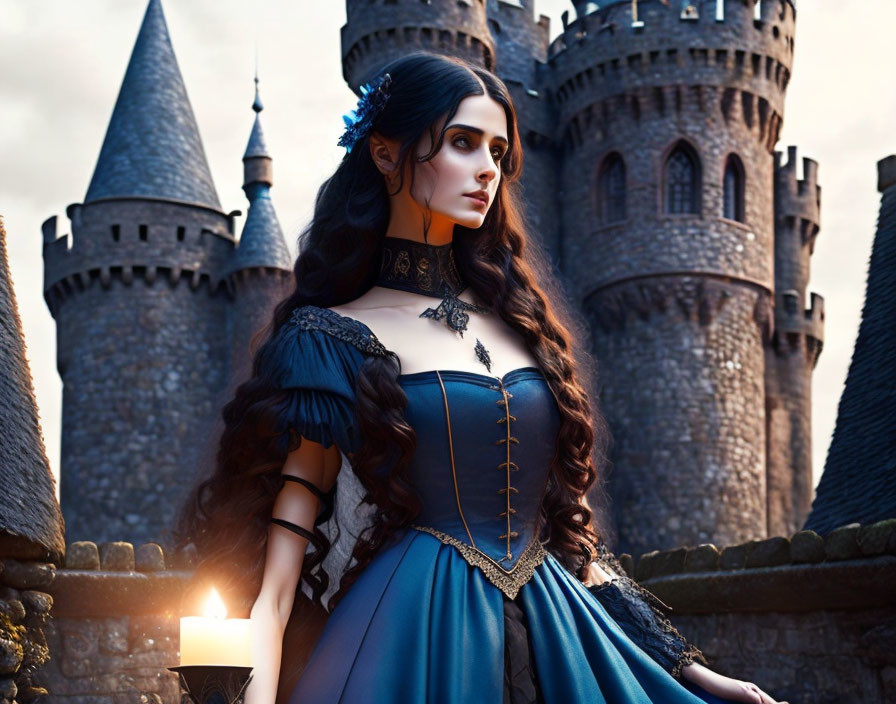 Medieval woman with dark hair in front of castle exudes elegance and mystery