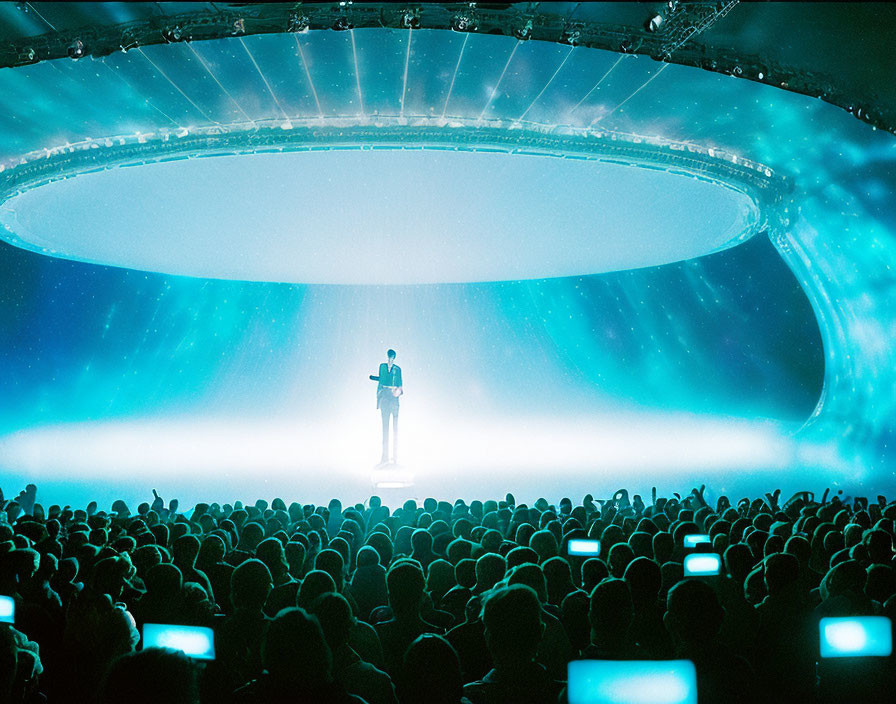 Person on Stage Under Glowing Dome with Starry Effect