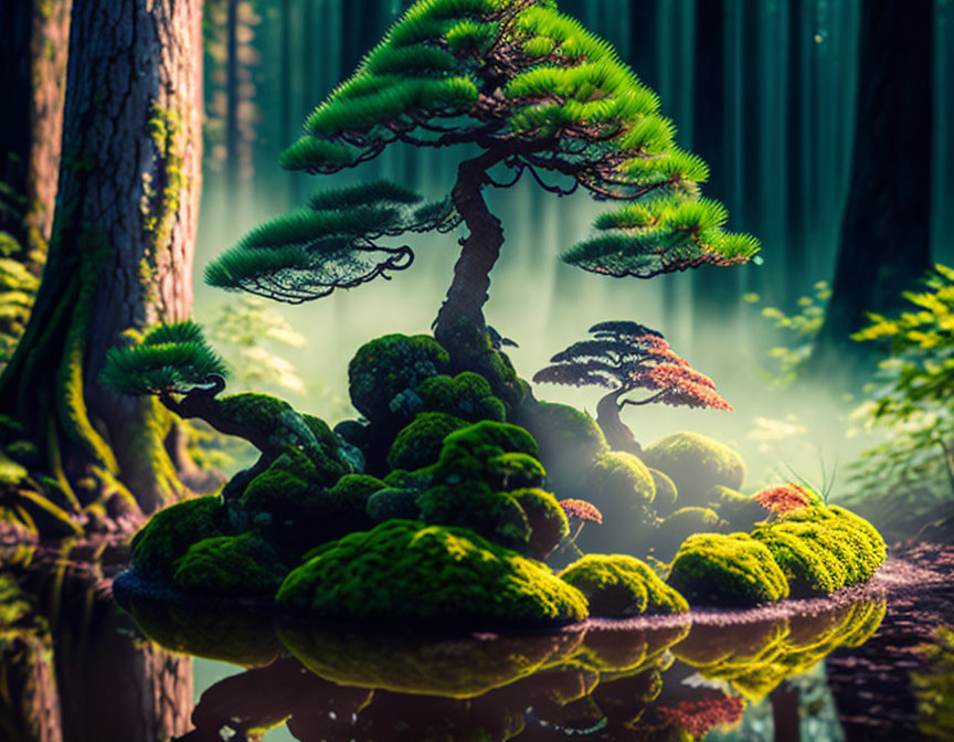 Tranquil bonsai tree in misty forest reflection