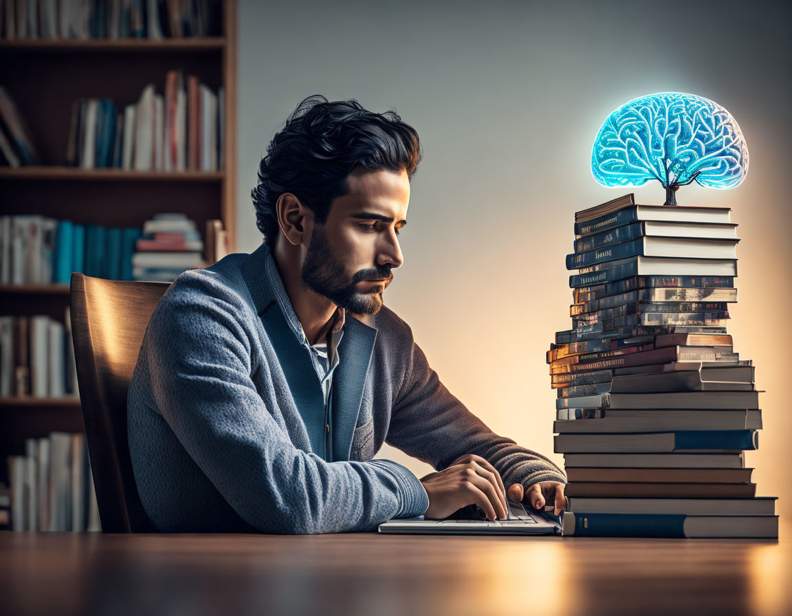 Man typing on laptop with glowing brain illustration above books