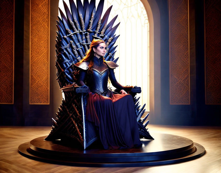 Regal woman on throne with swords, in Gothic room