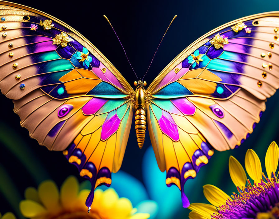 Colorful Butterfly with Ornate Wings on Yellow Flowers against Dark Background