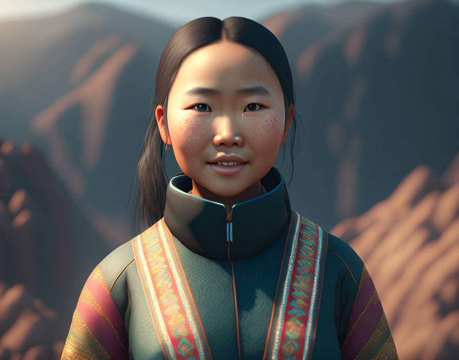 Young Asian girl with freckles in patterned outfit against mountain backdrop