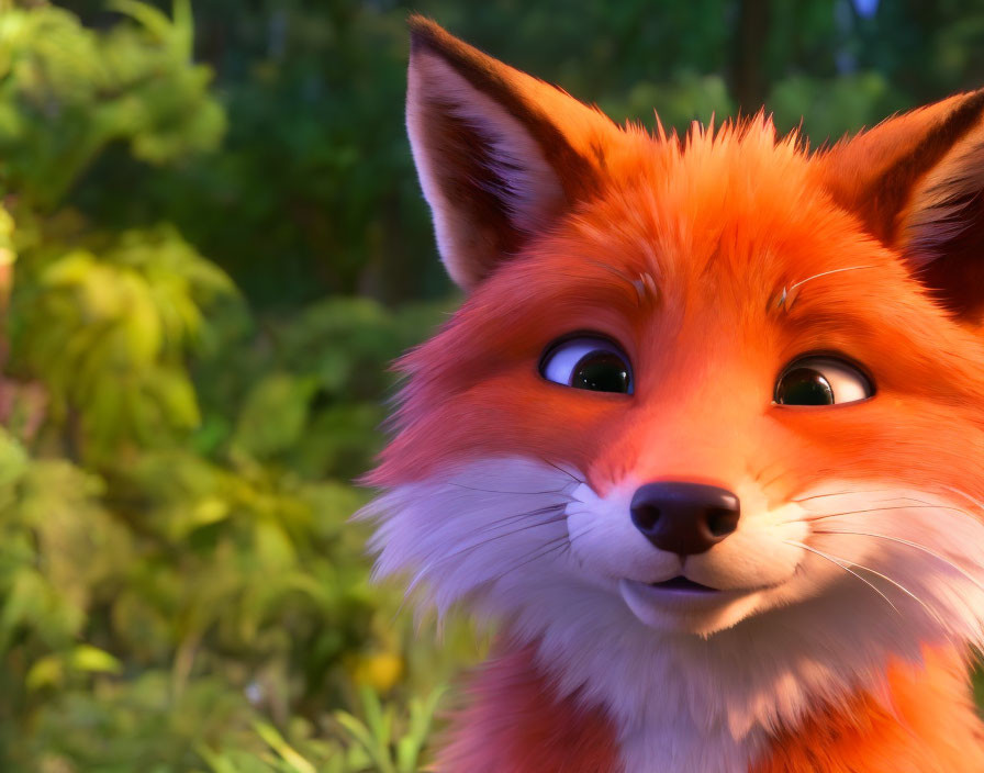 Smiling animated fox with orange fur in forest setting