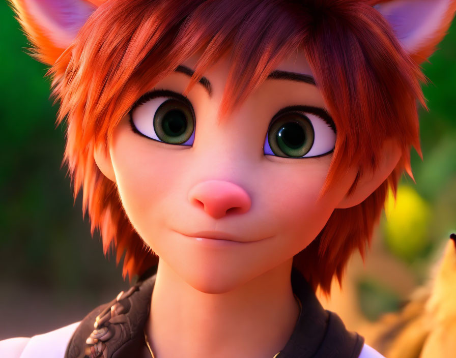 Animated female character with large green eyes, fox-like ears, and orange hair on a blurred green background