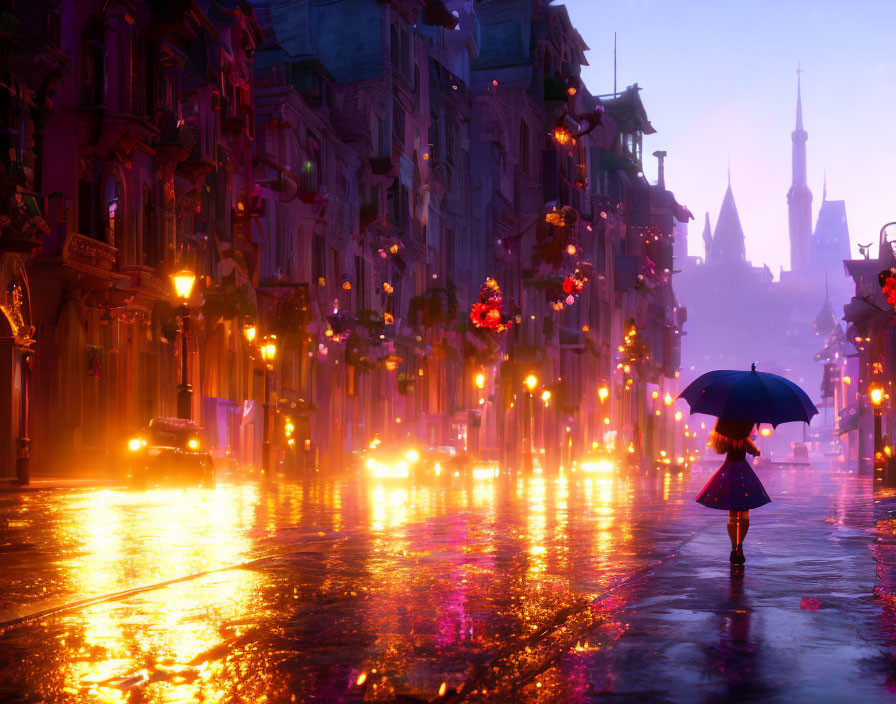 Pedestrian with umbrella on wet, illuminated city street at dusk.