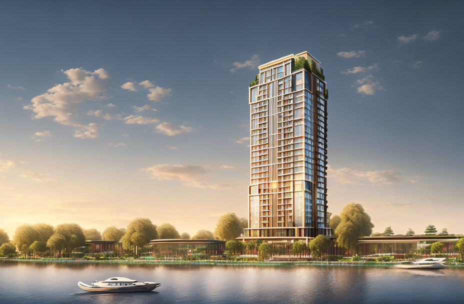 Contemporary high-rise with glass facade and rooftop garden by river at sunset