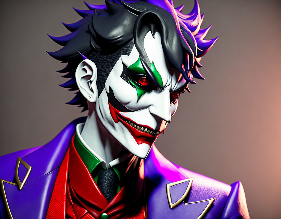 Sinister clown 3D illustration with purple hair, green eyes, malevolent grin