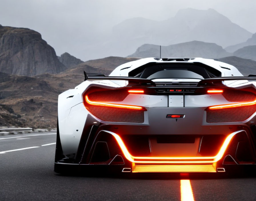 Glowing taillights on white sports car at dusk