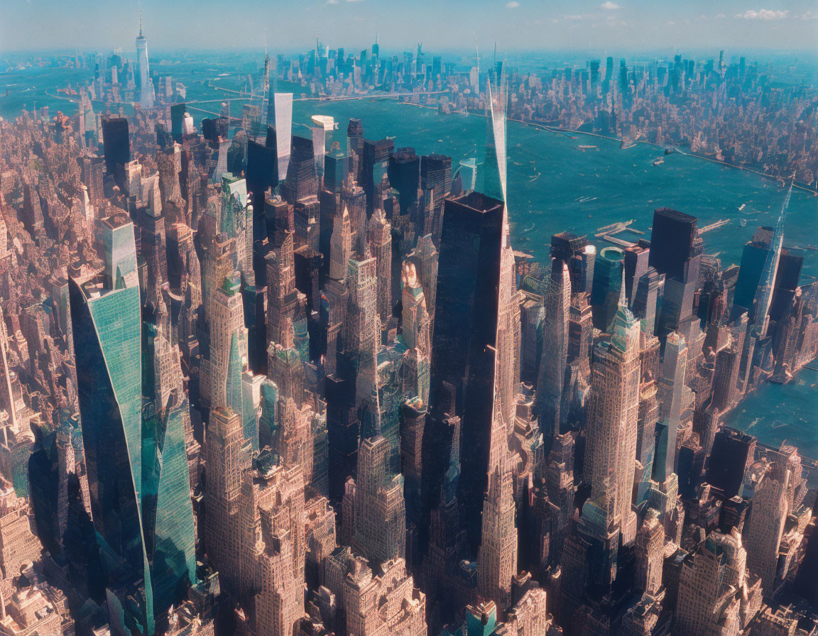 Dense Cityscape with Skyscrapers, Coastal Waters, and Green Spaces