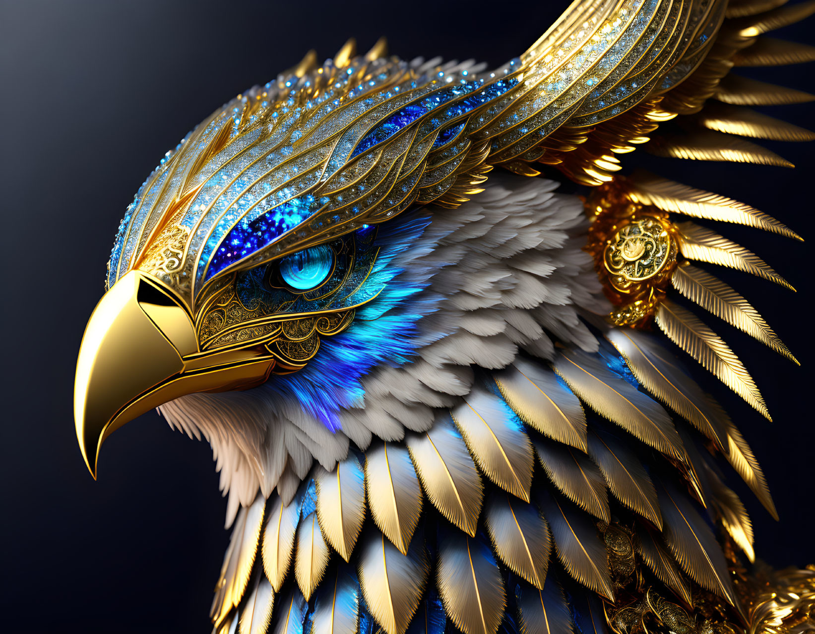 Majestic eagle with gold and blue plumage and ornate headpiece