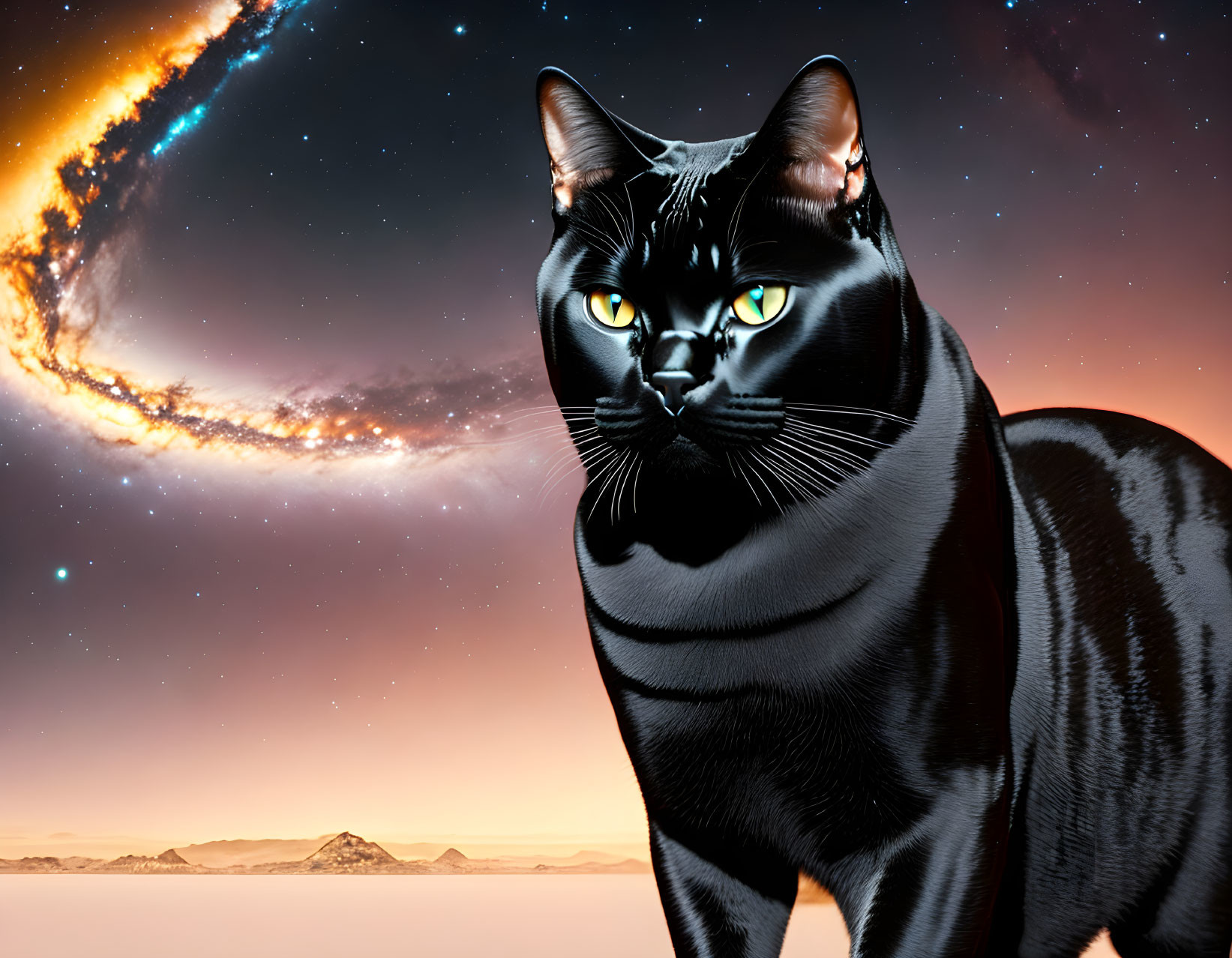 Black Cat with Yellow Eyes in Cosmic Setting