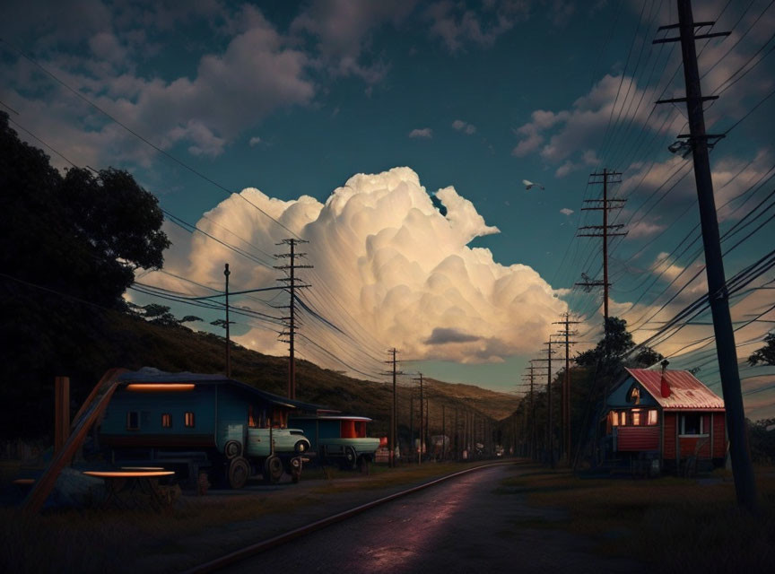 Tranquil landscape with cumulus cloud, red house, blue truck, and power lines at dusk