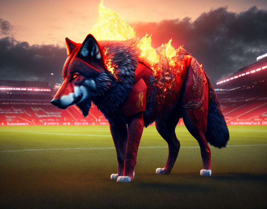 Digital Art: Red Wolf with Fiery Wings in Dramatic Stadium Setting