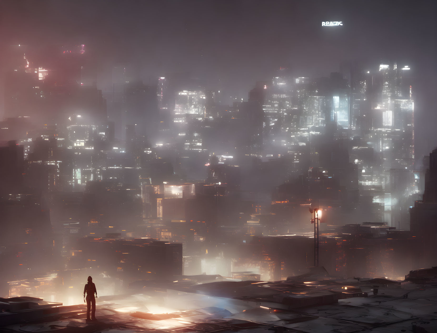 Person on Rooftop Overlooking Dystopian Cityscape at Night