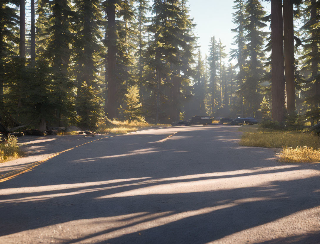 Scenic forest road under sunlight and tall trees