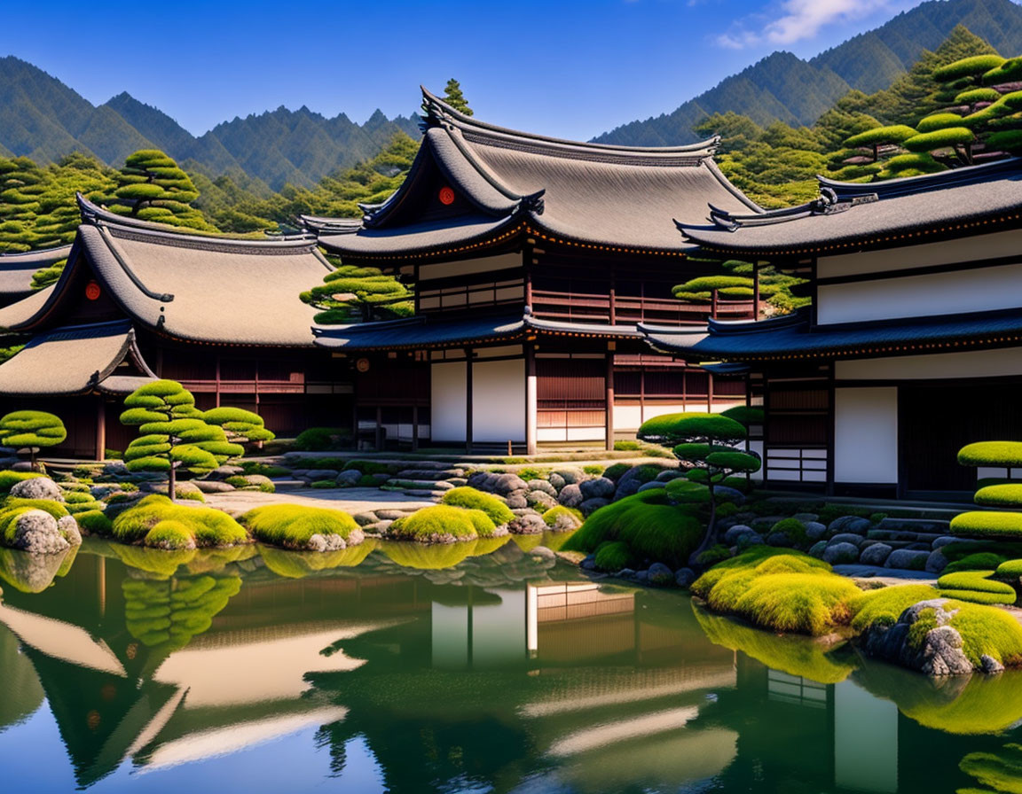 Japanese architecture: Curved roofs by pond and green hills