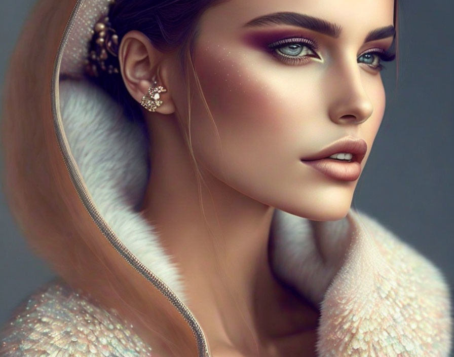 Portrait of woman with glowing skin, rosy cheeks, striking makeup, sparkling garment, fluffy collar.