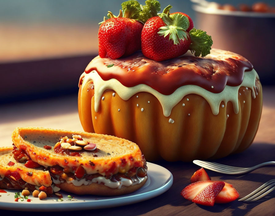 Dessert-themed digital illustration with pumpkin, white glaze, strawberries, nuts, and sauce