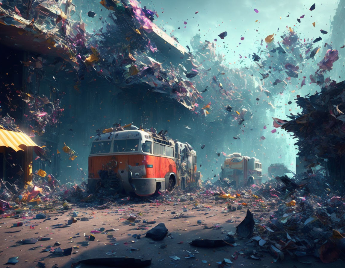 Dilapidated orange bus in post-apocalyptic scene