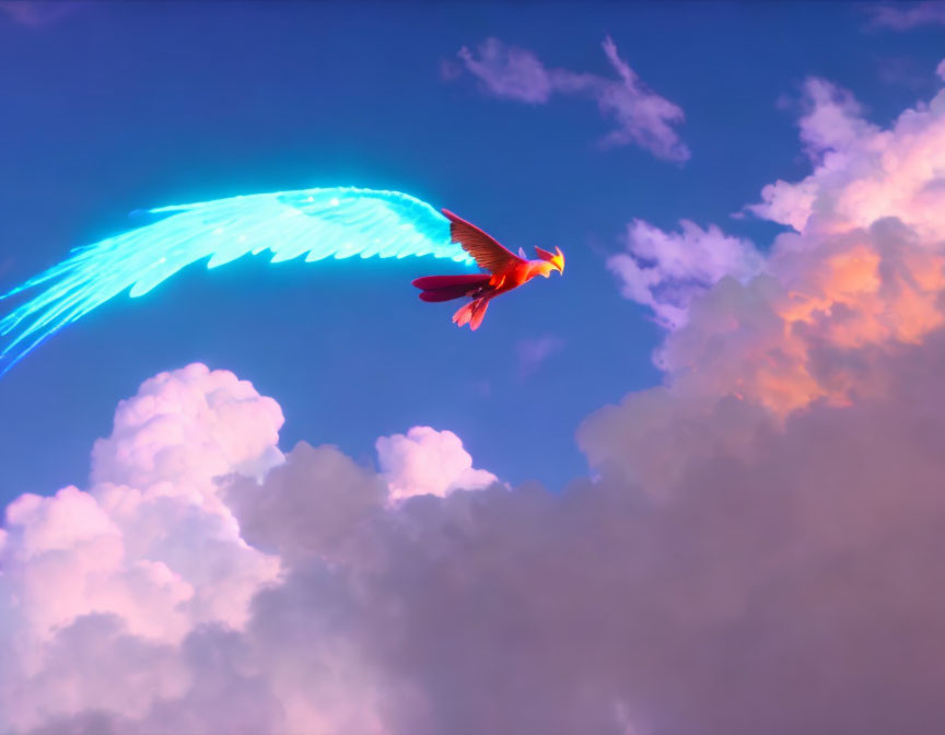 Digital art of a bird with glowing blue wings in a colorful sky