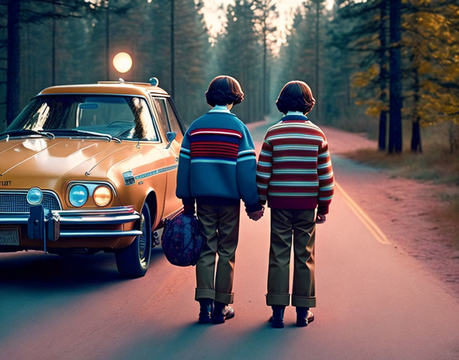 Children walking away from vintage car on forest road at dusk