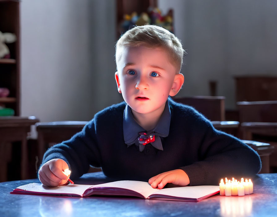 Young boy in candlelit room with open book and pen, gazing at light.