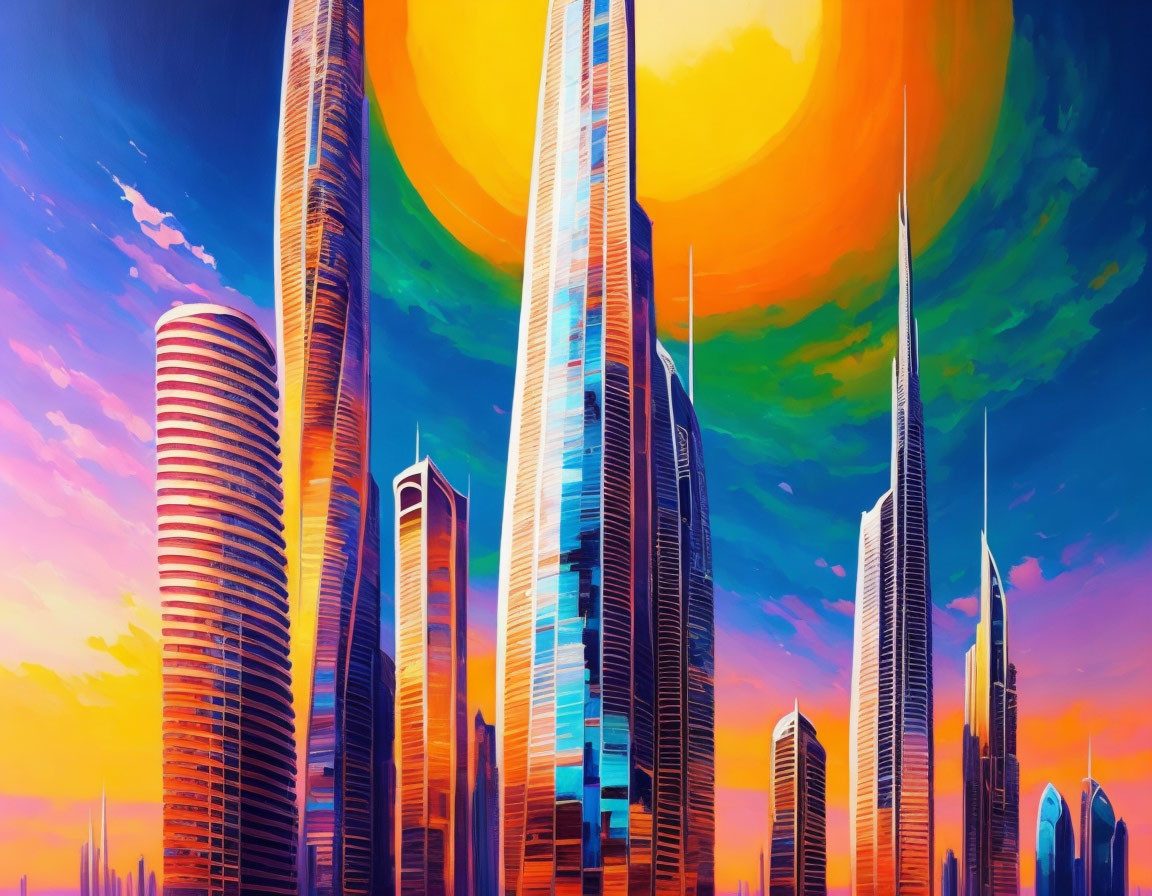 Colorful futuristic skyscrapers under a vibrant sun.