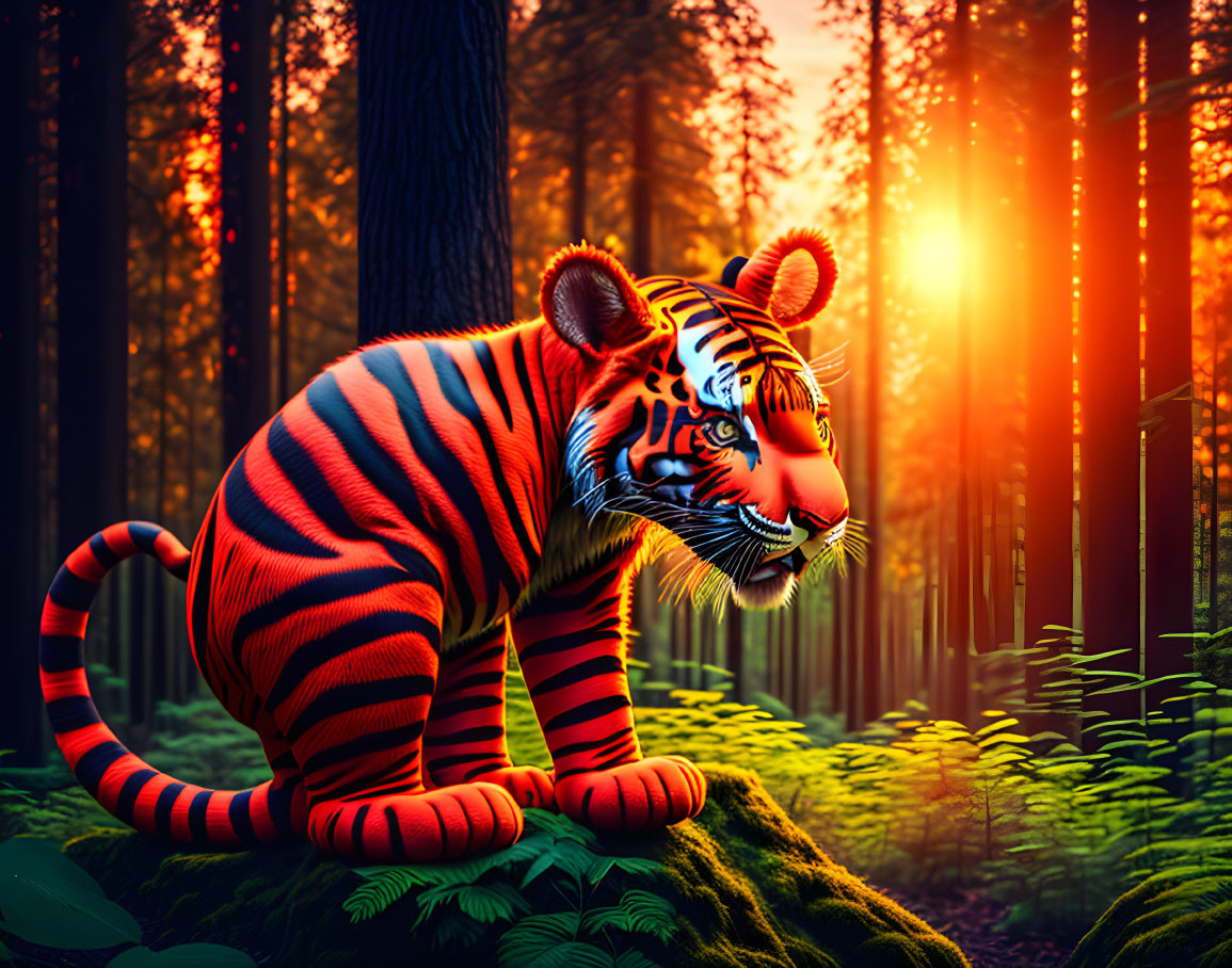 Colorful Tiger in Forest Sunset Scene