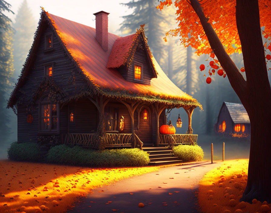 Autumn-themed wooden cabin with pumpkins and warm light in serene setting