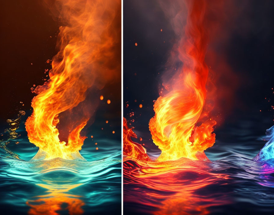 Abstract Art: Fiery Shapes Rising from Blue Water on Left, Blue Flames on Right